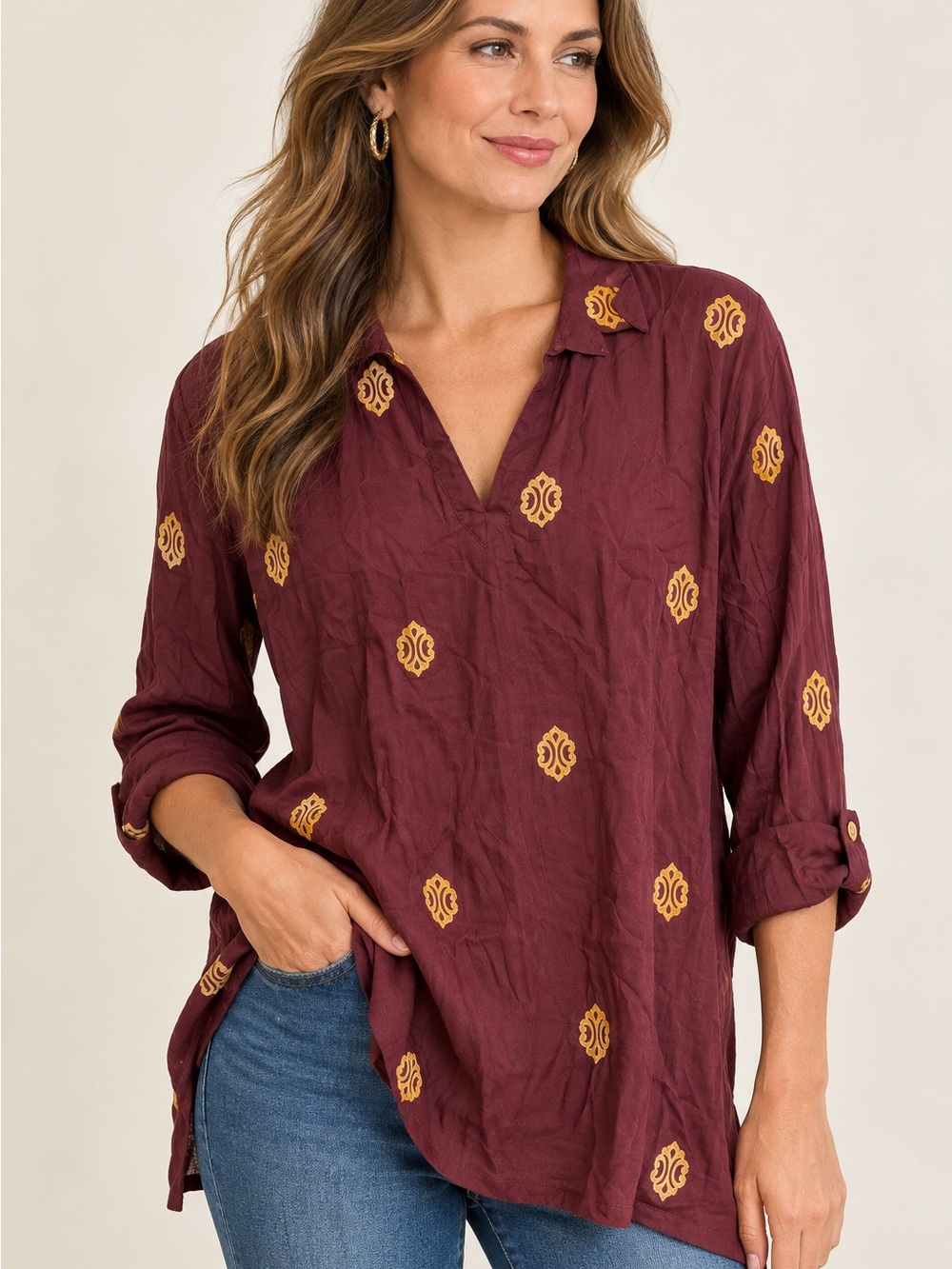 47. Liza Byrd Maroon V-Neck Blouse with Gold Motif